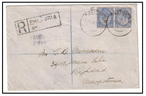 SOUTH AFRICA - 1923 3d blue (x2) rate registered cover to Baghdad used at PRETORIA.