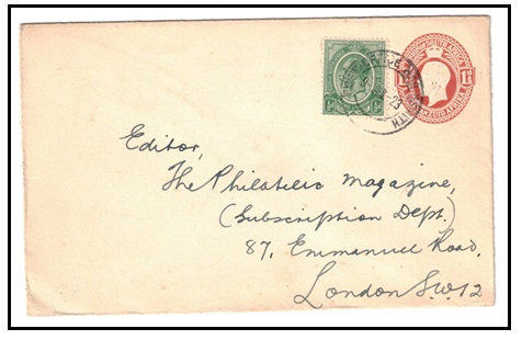 SOUTH AFRICA - 1921 1 1/2d orange grown PSE uprated to UK used at HARRIETSMITH.  H&G 2a.