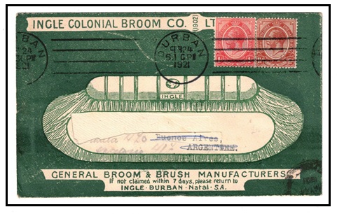 SOUTH AFRICA - 1921 2 1/2d rate use of illustrated commercial cover to Argentina used at DURBAN.