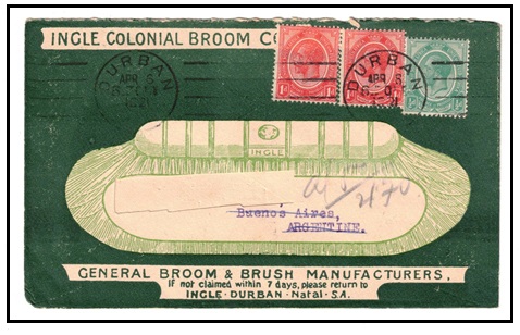 SOUTH AFRICA - 1921 2 1/2d rate use of illustrated commercial cover to Argentina used at DURBAN.