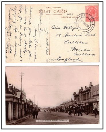 SOUTH AFRICA - 1920 1d rate postcard use to UK used at BENONI.