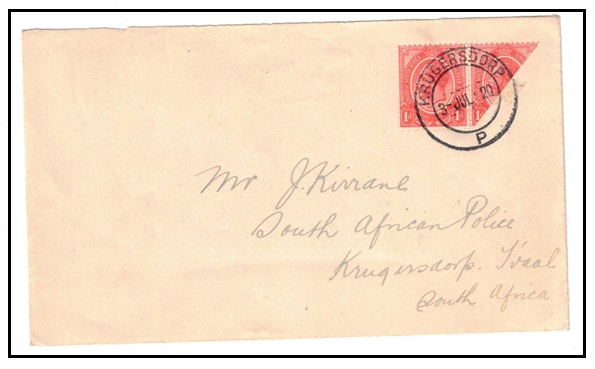 SOUTH AFRICA - 1920 1d + 1d bi-sect cover used locally at KRUGERSDORP during postage shortage. 