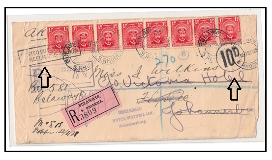 SOUTHERN RHODESIA - 1929 8d rated registered cover struck POSTED OUT OF COURSE and with 