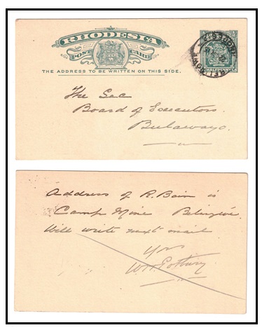 RHODESIA - 1903 1/2d blue green PSC addressed locally used at BELINGWE.  H&G 13.