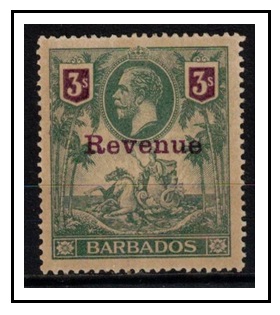 BARBADOS - 1916 3/- (SG 180) toned mint example overprinted REVENUE.