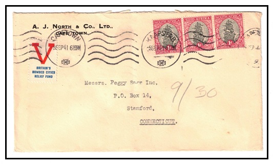 SOUTH AFRICA - 1941 3d rate cover to USA with 