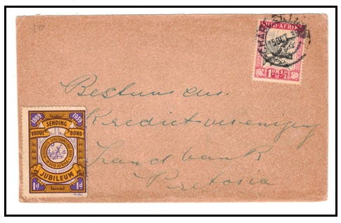 SOUTH AFRICA - 1939 1 1/2d rate local cover used at CHARL CILLIERS with 1d SEND BOND/JUBILEUM label.