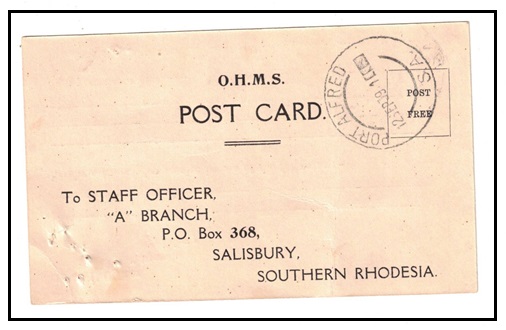 SOUTTH AFRICA - 1939 use of OHMS acknowledgement postcard to Rhodesia used at PORT ALFRED.