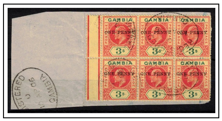 GAMBIA - 1906 ONE PENNY on 3/- block of six on piece used on first day of issue.  SG 70.