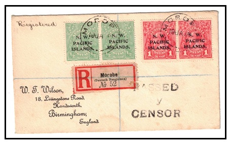 NEW GUINEA - 1918 3d rate registered cover to UK used at MOROBE and struck PASSED BY CENSOR.