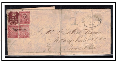 CAPE OF GOOD HOPE - 1865 1d (x3) + 1d REVENUE used on fragile local wrapper at ALICE.