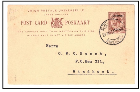 SOUTH WEST AFRICA - 1934 1 1/2d red-brown PSC (Zuidwest) used locally at WETBESCHAU.  