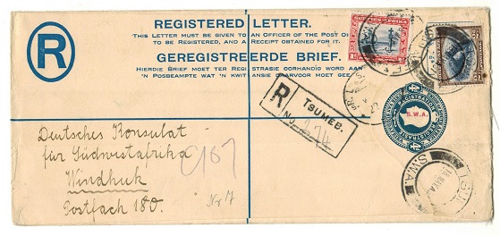 SOUTH WEST AFRICA - 1928 4d blue RPSE (size H2) uprated and used at TSUMEB.  H&G 10.