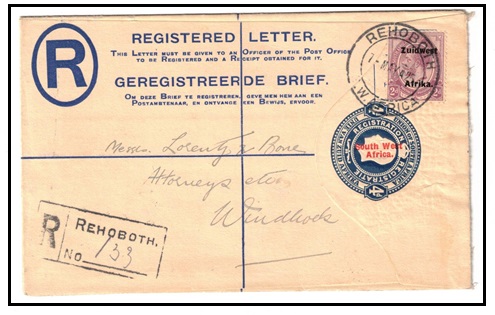 SOUTH WEST AFRICA - 1923 4d blue RPSE (size G) uprated and used at REHOBOTH.  H&G 5.