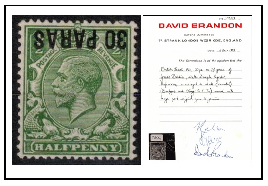 BRITISH LEVANT - 1921 30p on 1/2d green fine mint with SURCHARGE INVERTED. Certificate.  SG 41.