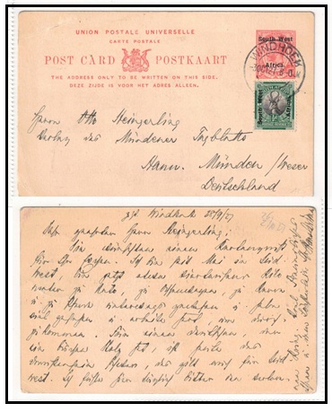 SOUTH WEST AFRICA - 1923 1d rose PSC uprated to Germany used at WINDHOEK.  H&G 4a.