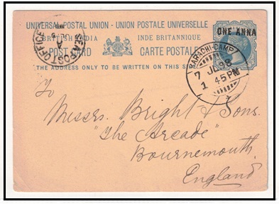 INDIA - 1892 1a on 1/2a blue PSC addressed to UK used at KARACHI CAMP.  H&G 9.