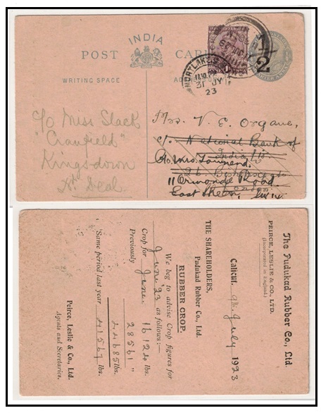 INDIA - 1921 1/2 on 1/4a grey PSC uprated to UK used at CALCUTTA.  H&G 23.