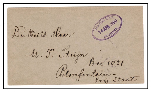 NATAL - 1900 stampless Boer War cover to Bloemfontein cancelled 