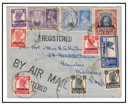 BAHRAIN - 1946 multi franked cover to UK with rare use of Indian 