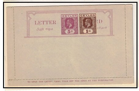 CEYLON - 1928 5c lilac postal stationery letter card officially uprated in unused condition.  H&G 13