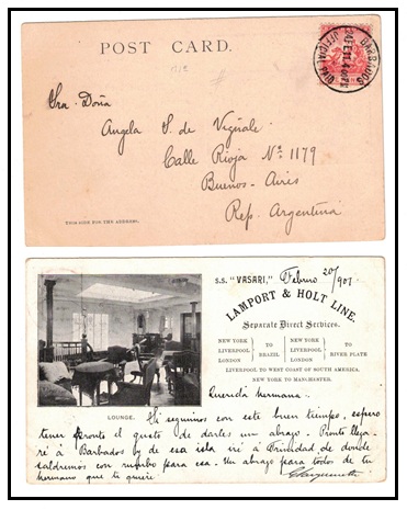 BARBADOS - 1911 1d rate postcard to Argentina (scarce) cancelled BARBADOS/OFFICIAL PAID.