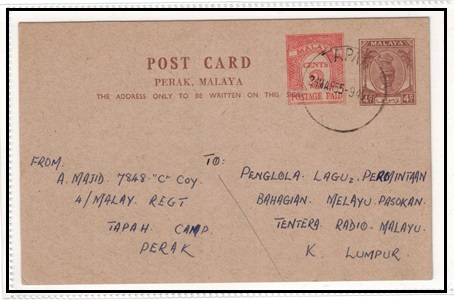 MALAYA - 1953 4c brown + 2c orange PSC of Perak used at TAPAH.  H&G 14.