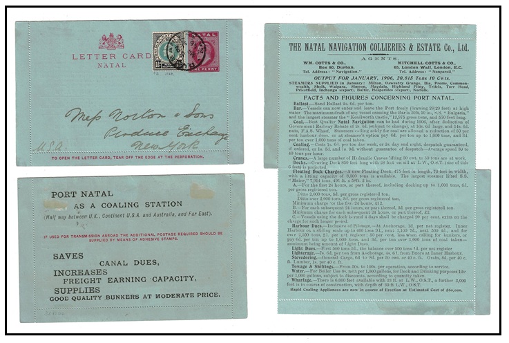 NATAL - 1903 1d carmine letter card uprated to USA from Durban with privately printed interior. H&G 