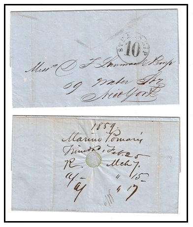 TRINIDAD AND TOBAGO - 1859 stampless entire to USA struck by STEAMSHIP/10 handstamp.
