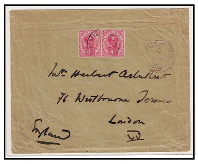 SARAWAK - 1905 4c (x2) rated cover to UK used at KUCHING.