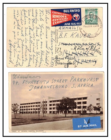 SOUTHERN RHODESIA - 1953 8d rated postcard use to German with RHODES CENTENARY EXHIBITION label.