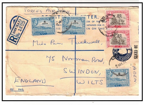 ADEN - 1952 30c on 3a dark blue RPSE (size H) uprated to UK.  H&G 2a.