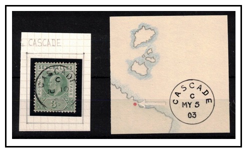 SEYCHELLES - 1906 3c green cancelled by fine CASCADE cds.  SG 61.