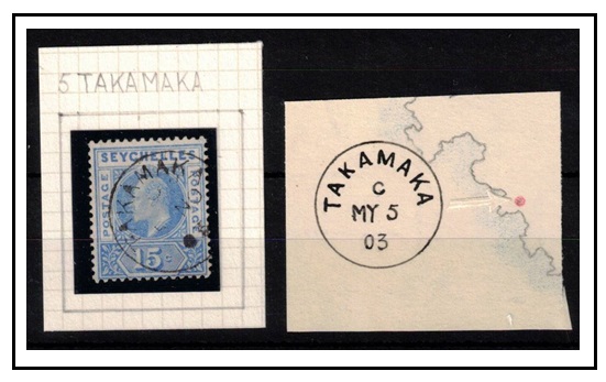 SEYCHELLES - 1903 15c ultramarine cancelled by TAKAMAKA cds.  SG 50.