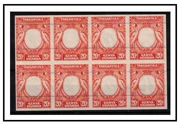 K.U.T. - 1938 20c IMPERFORATE PLATE PROOF block of eight  of the frame and value tablet (SG type 8).