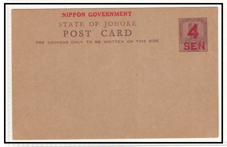 MALAYA - 1942 4 sen red on 4c violet PSC of Johore used by Japanese Occupation Forces.  H&G 20.