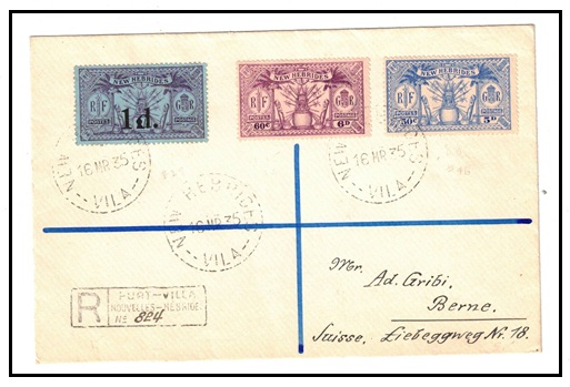 NEW HEBRIDES - 1935 1/- rate registered cover to UK with 1d on 2/- surcharge adhesive.