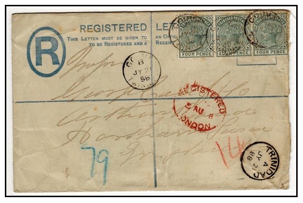TRINIDAD AND TOBAGO - 1884 2d dull blue RPSE (size G)  uprated to UK used at COUVA.  H&G 1a.