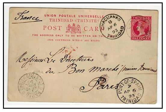 TRINIDAD AND TOBAGO - 1884 1d carmine PSC to France used at CHACUANAS.  H&G 3.