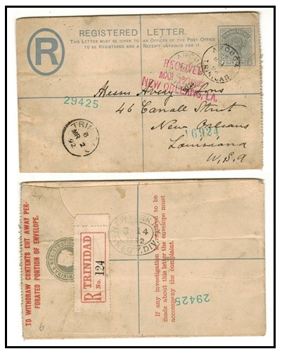 TRINIDAD AND TOBAGO - 1891 2d blue RPSE (size G) uprated to USA used at AROUCA.  H&G 3a.