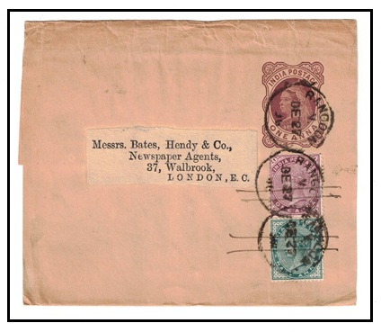 BURMA - 1896 use of Indian 1a plum postal stationery wrapper uprated to UK used at RANGOON.