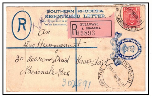 SOUTHERN RHODESIA - 1924 4d ultramarine RPSE uprated locally used at BULAWAYO.  H&G 1.