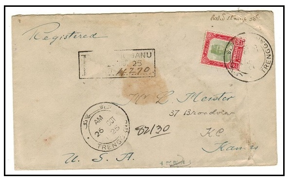 MALAYA - 1925 50c rate registered cover from Trengganu to USA.