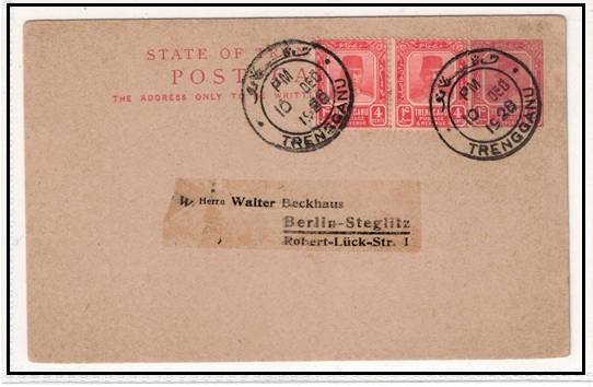 MALAYA - 1922 4c uprated PSC of Trengganu to Germany.