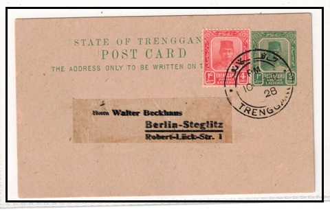 MALAYA - 1922 2c green PSC of Trengganu uprated to Germany. H&G 5.