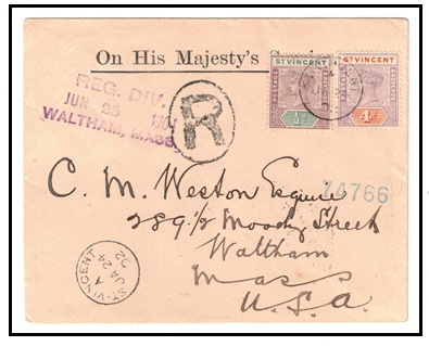 ST.VINCENT - 1902 4 1/2d rate registered cover to USA.