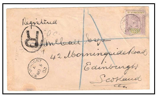 ST.VINCENT - 1902 3d rate registered cover to UK.