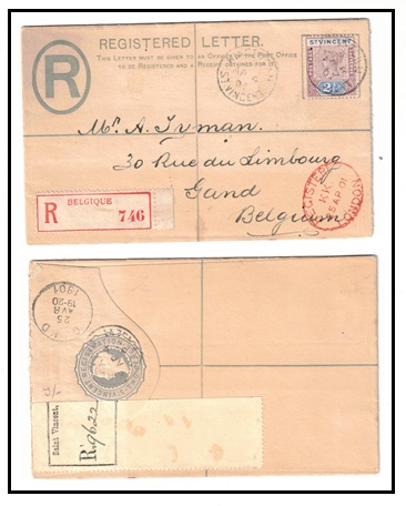 ST.VINCENT - 1893 2d grey RPSE (size F) uprated with 2 1/2d to Belgium.  H&G 1.