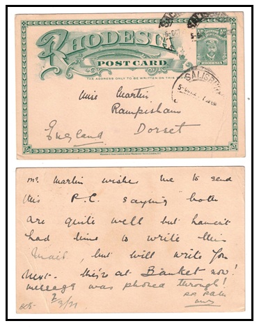 SOUTHERN RHODESIA - 1924 1/2d green PSC to UK used at SALISBURY.  H&G 1.