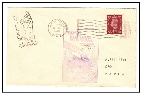 PAPUA - 1938 inward cover from UK struck 